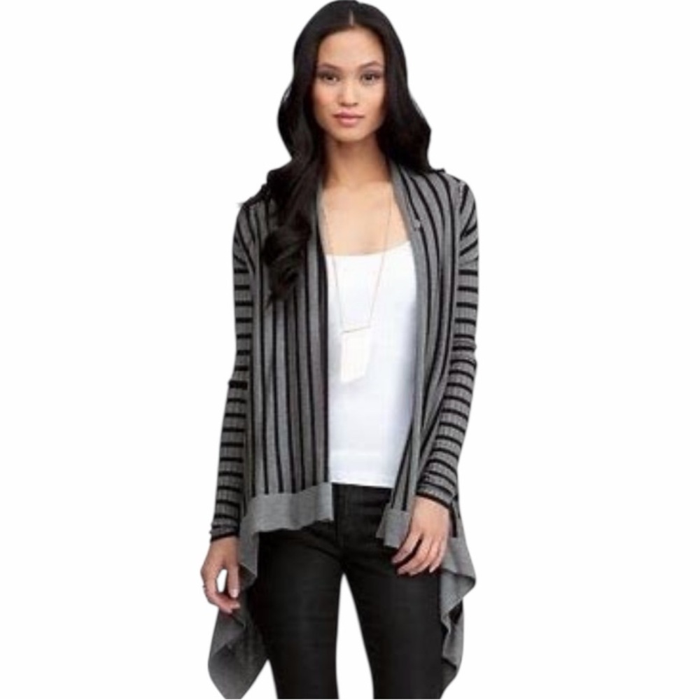 bebe Black and Gray Striped Draped Long Sleeve Knit Cardigan Sweater Size Small